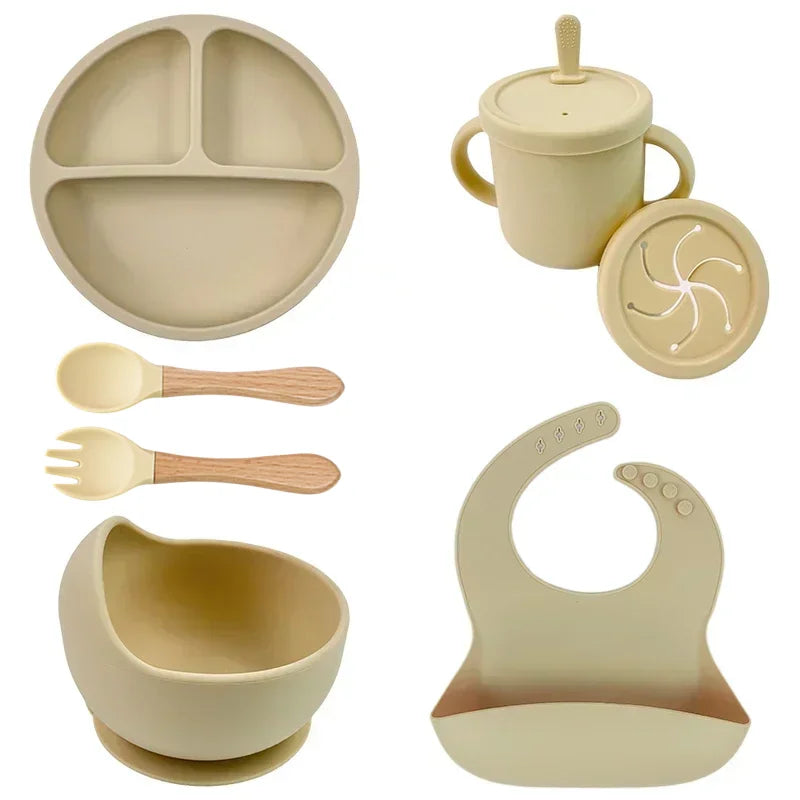 Ensemble d'alimentation en silicone sans BPA pour bébé, bol à ventouse, assiette à manger, tasse à paille, cuillère.