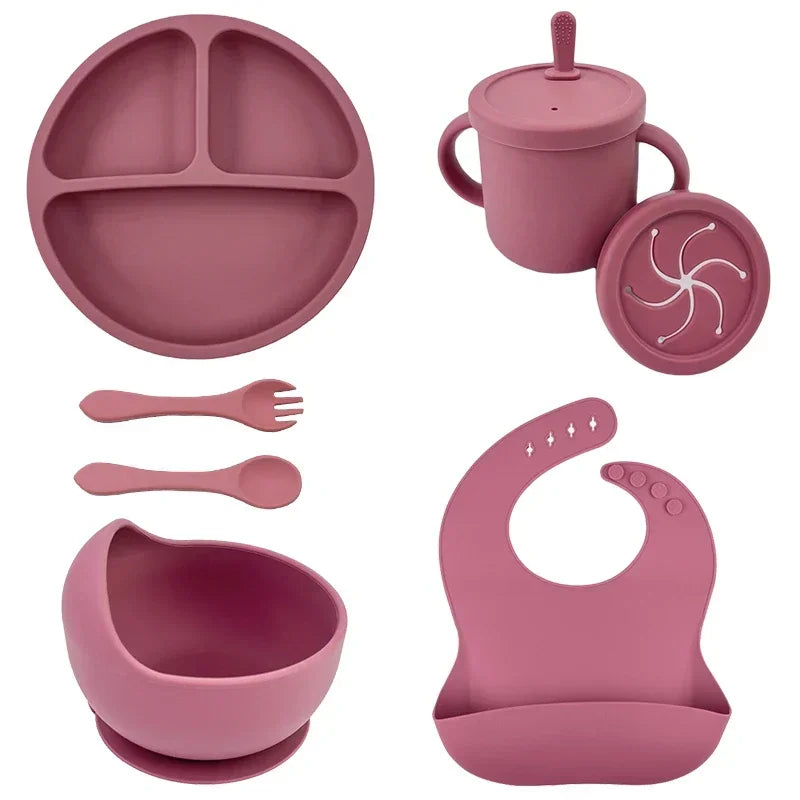 Ensemble d'alimentation en silicone sans BPA pour bébé, bol à ventouse, assiette à manger, tasse à paille, cuillère.