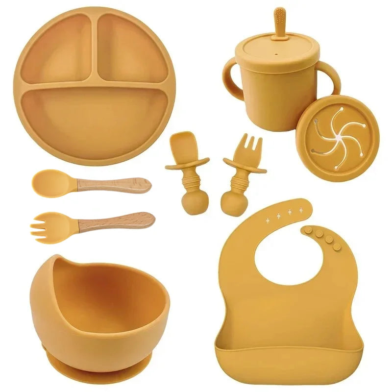 Ensemble d'alimentation en silicone sans BPA pour bébé, bol à ventouse, assiette à manger, tasse à paille, cuillère.