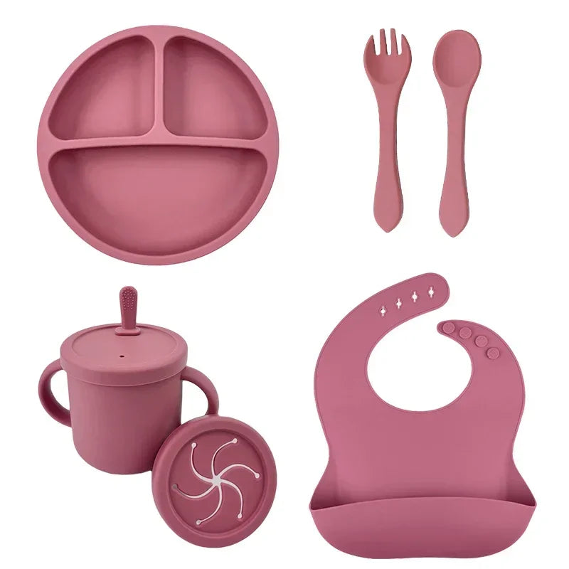 Ensemble d'alimentation en silicone sans BPA pour bébé, bol à ventouse, assiette à manger, tasse à paille, cuillère.