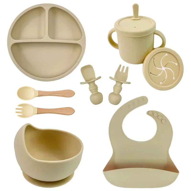 Ensemble d'alimentation en silicone sans BPA pour bébé, bol à ventouse, assiette à manger, tasse à paille, cuillère.