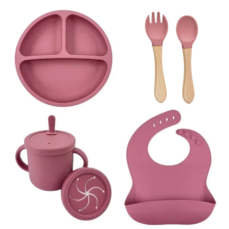 Ensemble d'alimentation en silicone sans BPA pour bébé, bol à ventouse, assiette à manger, tasse à paille, cuillère.