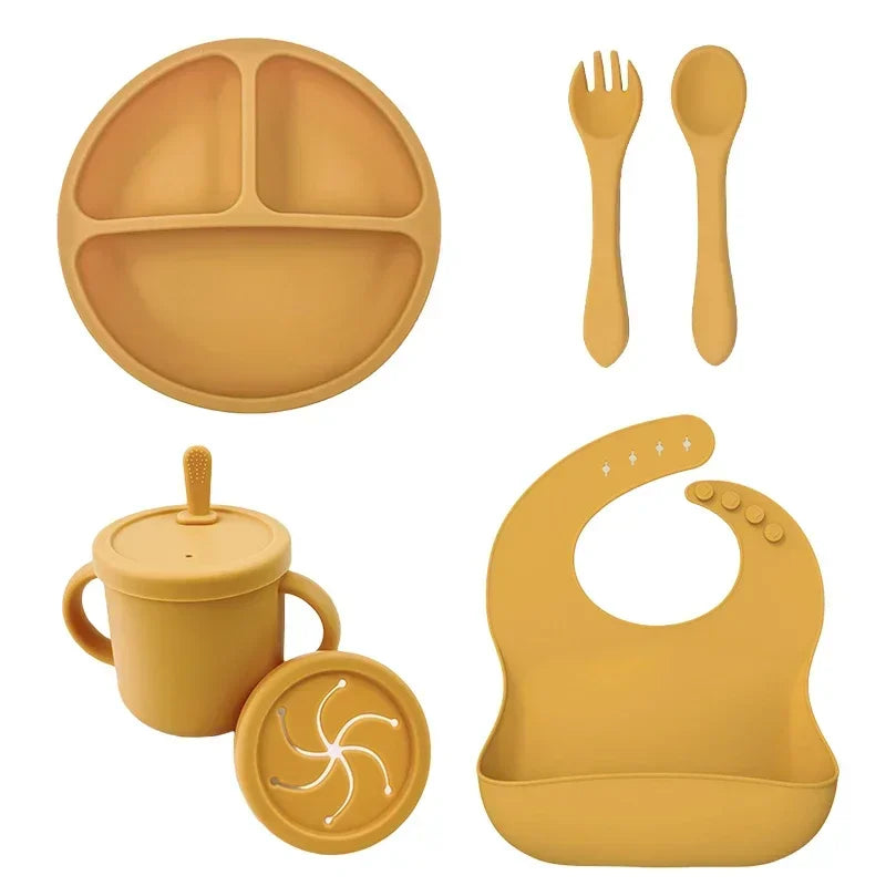 Ensemble d'alimentation en silicone sans BPA pour bébé, bol à ventouse, assiette à manger, tasse à paille, cuillère.