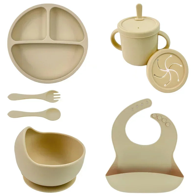 Ensemble d'alimentation en silicone sans BPA pour bébé, bol à ventouse, assiette à manger, tasse à paille, cuillère.