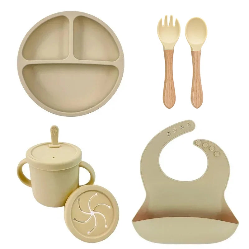 Ensemble d'alimentation en silicone sans BPA pour bébé, bol à ventouse, assiette à manger, tasse à paille, cuillère.