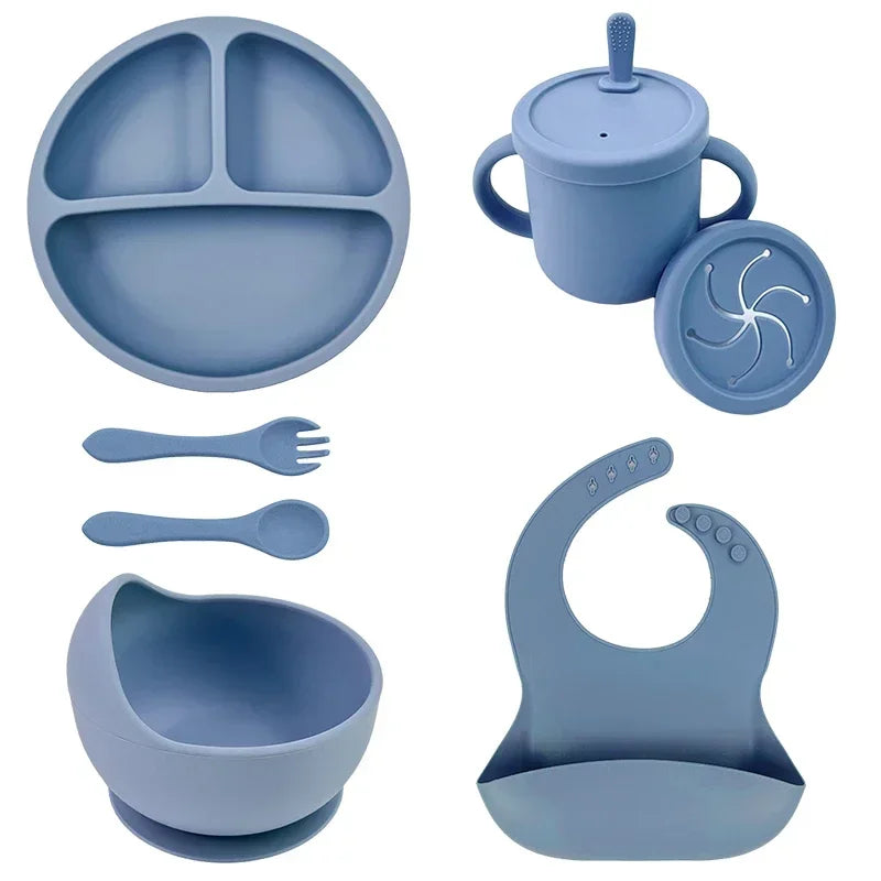 Ensemble d'alimentation en silicone sans BPA pour bébé, bol à ventouse, assiette à manger, tasse à paille, cuillère.