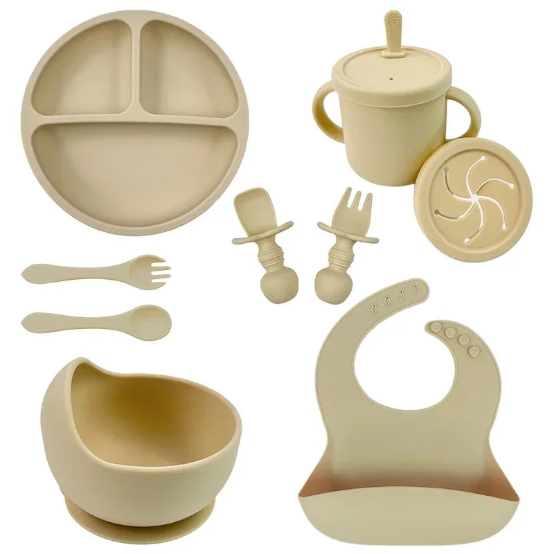 Ensemble d'alimentation en silicone sans BPA pour bébé, bol à ventouse, assiette à manger, tasse à paille, cuillère.