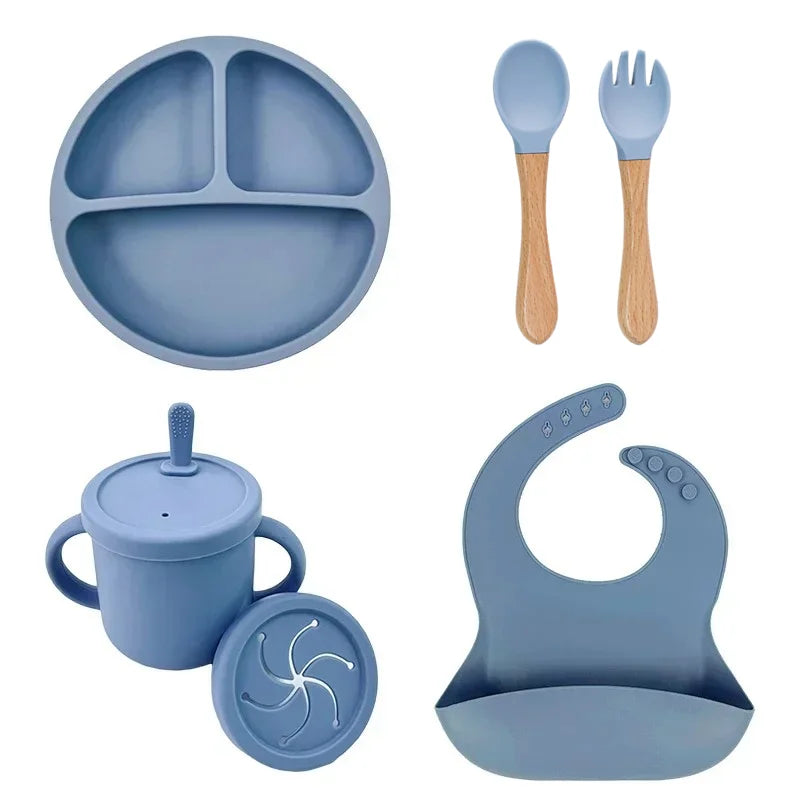 Ensemble d'alimentation en silicone sans BPA pour bébé, bol à ventouse, assiette à manger, tasse à paille, cuillère.