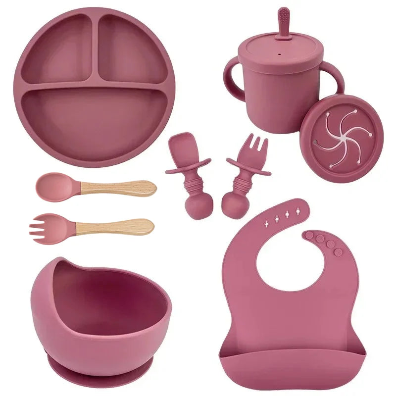 Ensemble d'alimentation en silicone sans BPA pour bébé, bol à ventouse, assiette à manger, tasse à paille, cuillère.