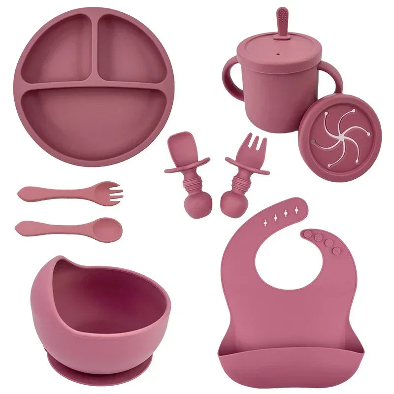 Ensemble d'alimentation en silicone sans BPA pour bébé, bol à ventouse, assiette à manger, tasse à paille, cuillère.