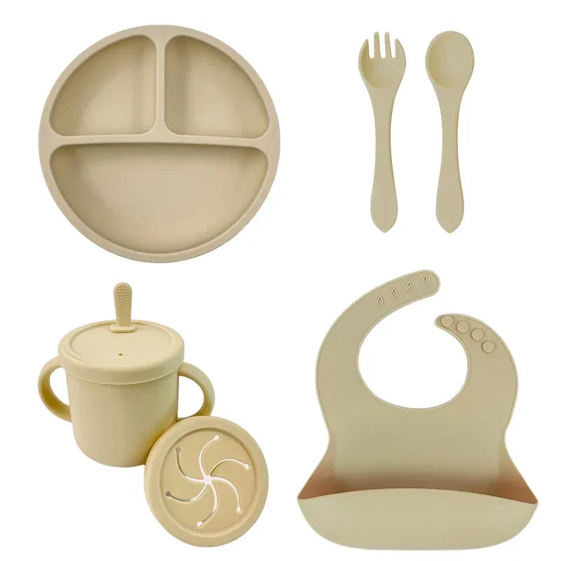 Ensemble d'alimentation en silicone sans BPA pour bébé, bol à ventouse, assiette à manger, tasse à paille, cuillère.