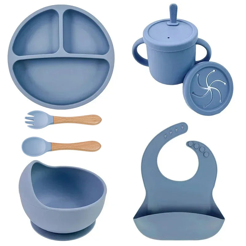 Ensemble d'alimentation en silicone sans BPA pour bébé, bol à ventouse, assiette à manger, tasse à paille, cuillère.