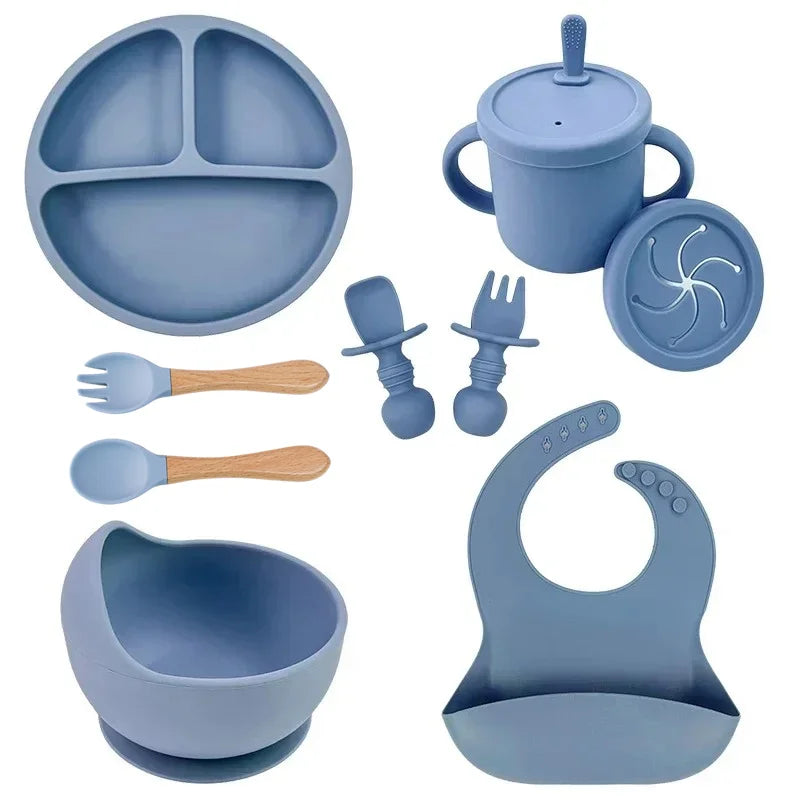 Ensemble d'alimentation en silicone sans BPA pour bébé, bol à ventouse, assiette à manger, tasse à paille, cuillère.