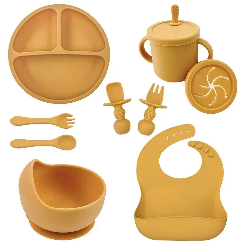 Ensemble d'alimentation en silicone sans BPA pour bébé, bol à ventouse, assiette à manger, tasse à paille, cuillère.