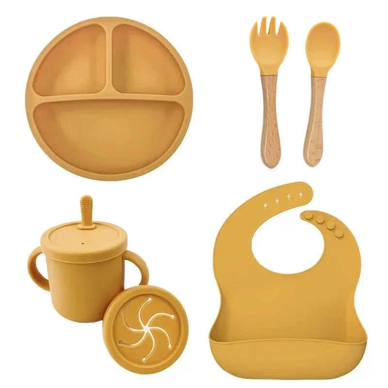 Ensemble d'alimentation en silicone sans BPA pour bébé, bol à ventouse, assiette à manger, tasse à paille, cuillère.