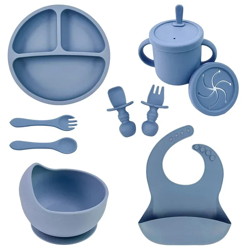 Ensemble d'alimentation en silicone sans BPA pour bébé, bol à ventouse, assiette à manger, tasse à paille, cuillère.