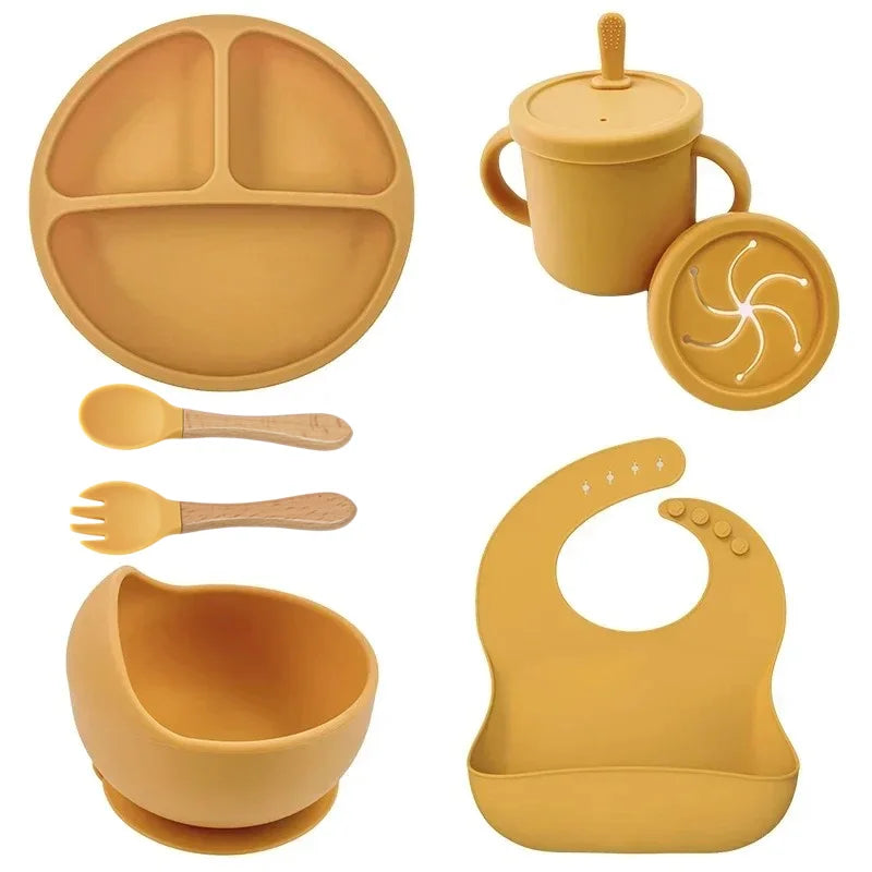 Ensemble d'alimentation en silicone sans BPA pour bébé, bol à ventouse, assiette à manger, tasse à paille, cuillère.