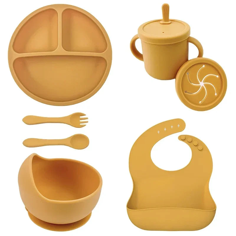 Ensemble d'alimentation en silicone sans BPA pour bébé, bol à ventouse, assiette à manger, tasse à paille, cuillère.