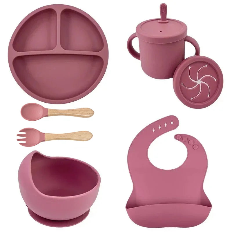 Ensemble d'alimentation en silicone sans BPA pour bébé, bol à ventouse, assiette à manger, tasse à paille, cuillère.